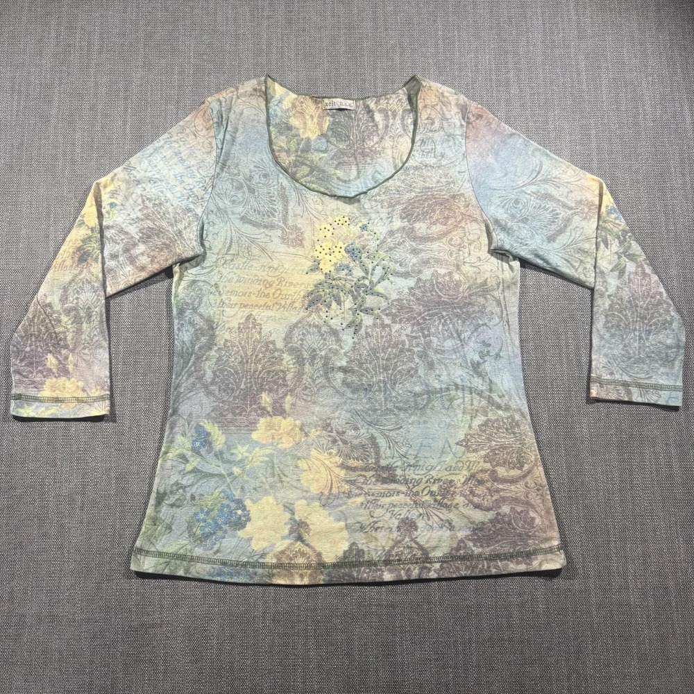 Xcit U.S.A. Shirt Womens Small Scoop Neck 3/4 Sleeve Rhinestone Floral